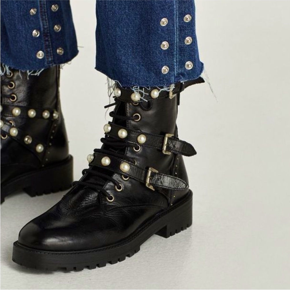 Black biker boots with pearl straps